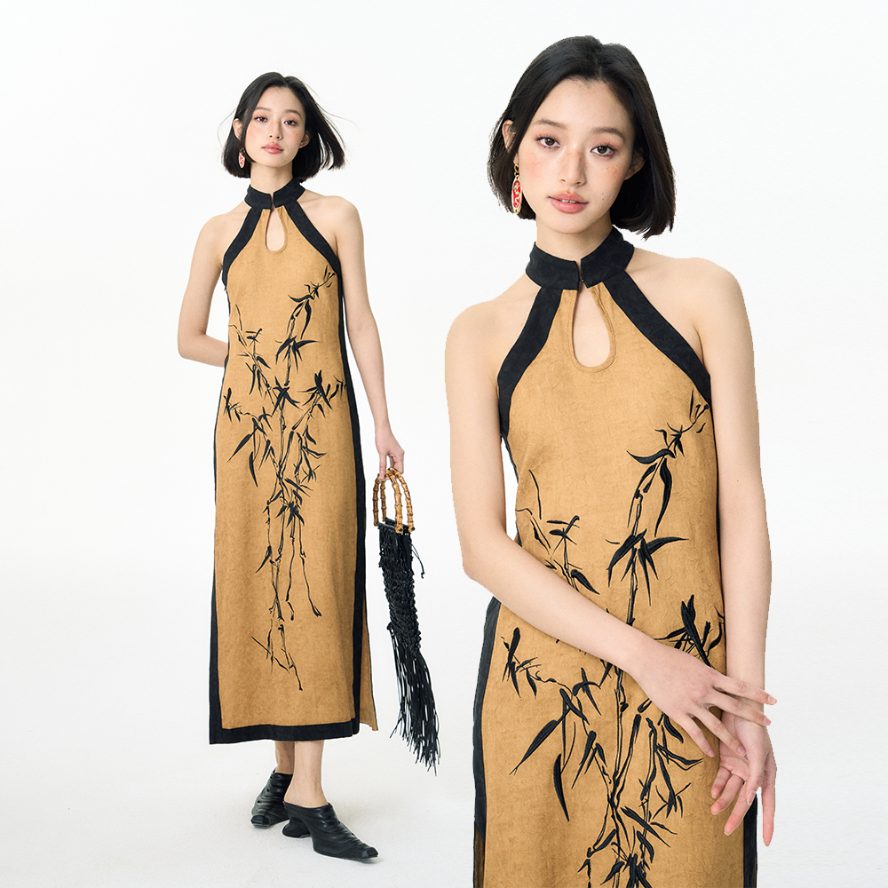 竹叶刺绣挂脖连衣裙时尚显瘦