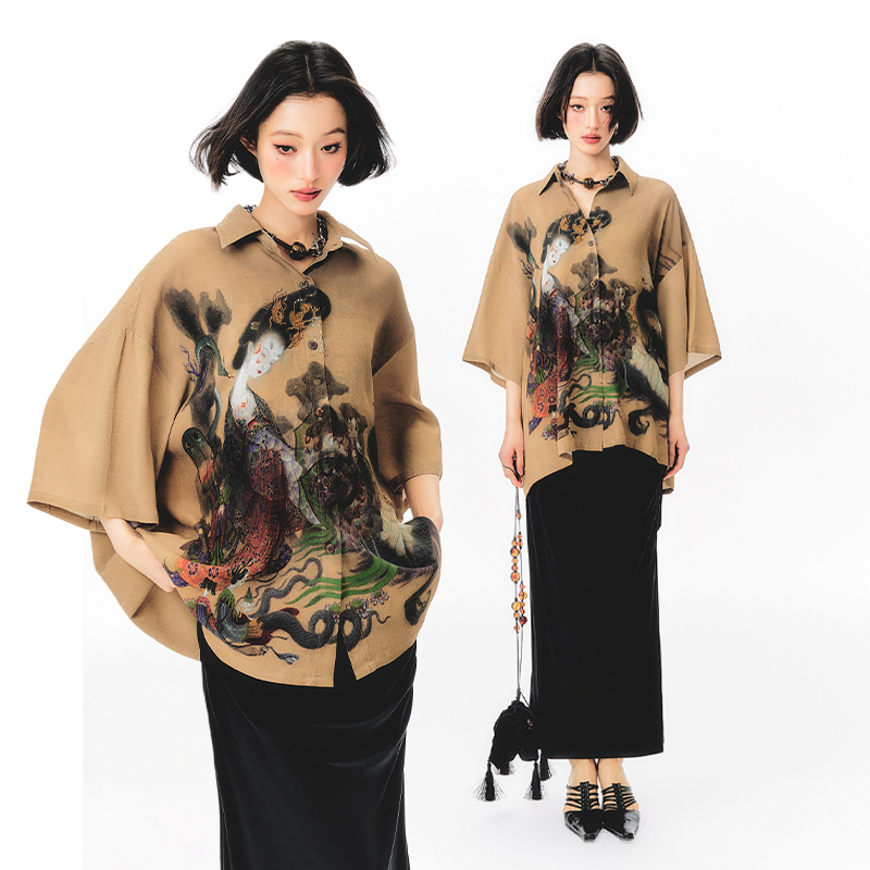 杨二大梦原创x虢子楷艺术家合作款插画印花衬衫女宽松慵懒风衬衣