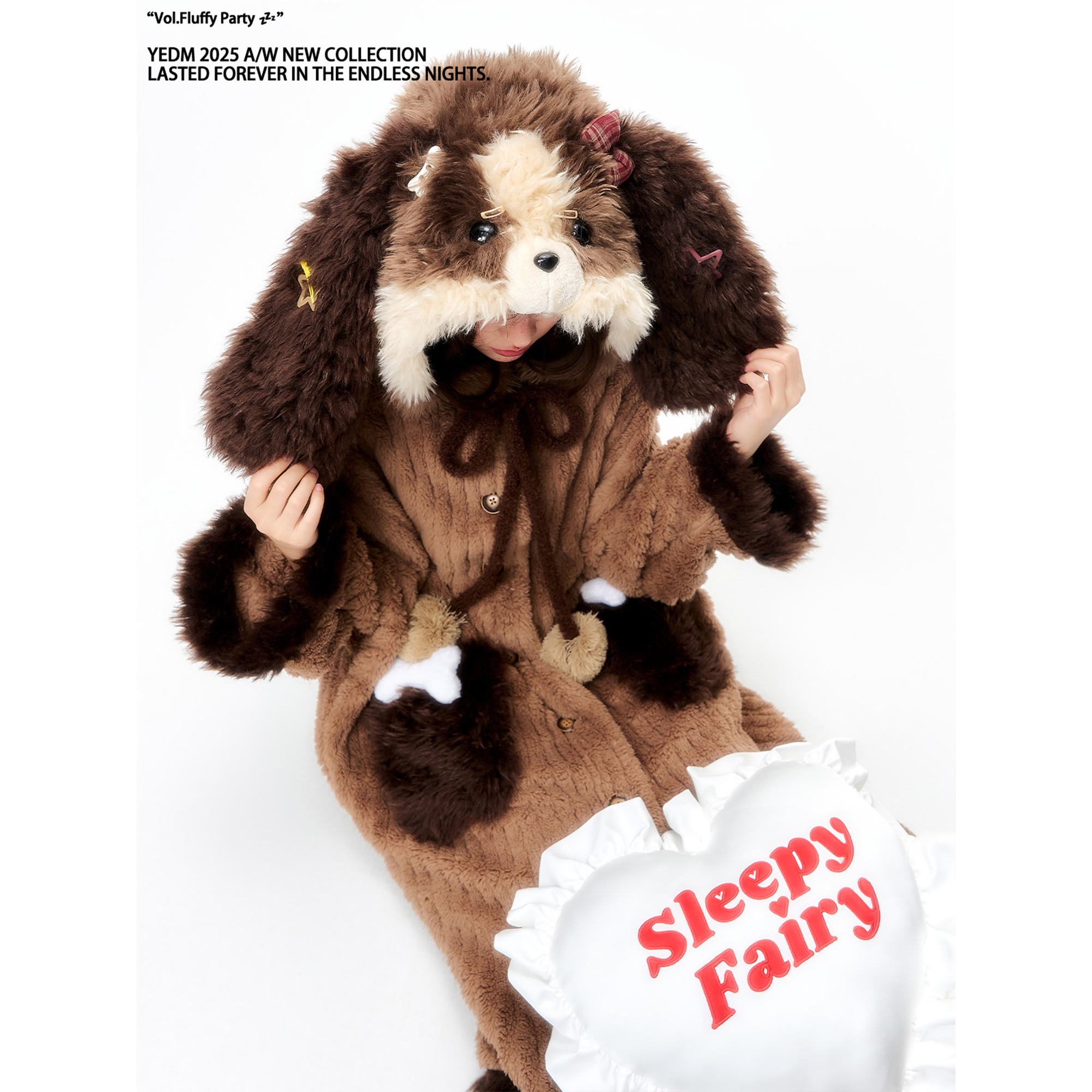 杨二大梦原创设计棕色拼色小狗睡裙加厚加绒睡衣冬女款2025居家服