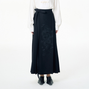 限量 杨二大梦原创黑色复古新中式 龙刺绣马面裙国风长裙半身裙