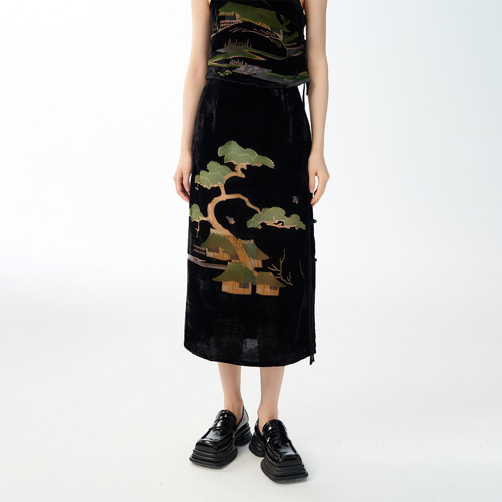 杨二大梦丝绒烧花中式松树半身裙