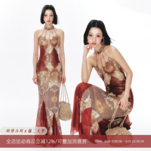 杨二大梦「烟染金荷 小众设计感系带吊带旗袍复古连衣裙 」新中式