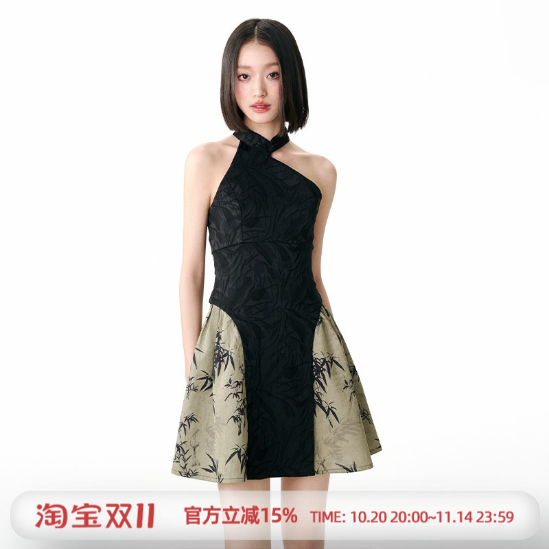 杨二大梦竹叶拼接旗袍连衣裙