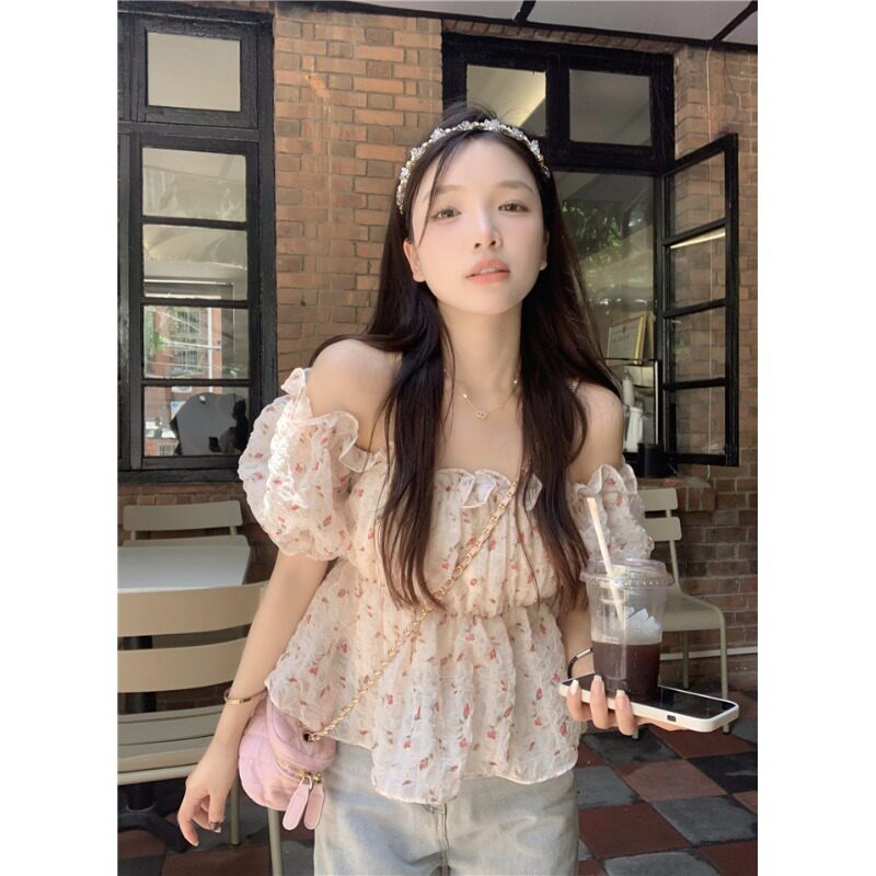 实价一字肩碎花雪纺衬衫女夏法式设计感小众别致超仙甜美短款上衣