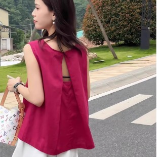 无袖 女2025夏季 法式 衬衫 背心上衣女 新款 宽松显瘦百搭镂空圆领小衫