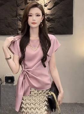 高冷御姐风设计感小众半袖衬衫女不规则交叉系带缎面别致上衣女夏