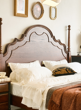 法式床复古实木1米8双人主卧大床小户型家用美式高箱储物中古风床