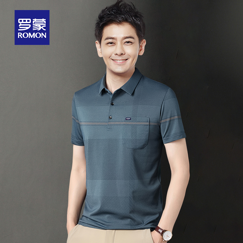 罗蒙男士冰丝短袖Polo衫夏季款中老年父亲爸爸装带翻领T恤上衣服