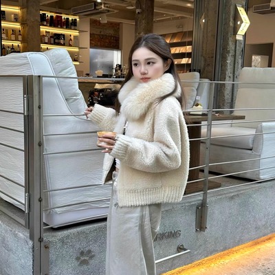 温柔风白色羊羔毛短外套女冬毛领