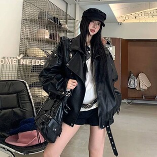 黑色皮衣外套女2026春秋新款 潮流宽松机车PU皮夹克上衣 酷飒风时尚