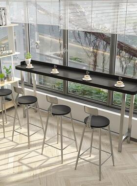 黑色实木吧台带围边阳台长条桌办公室休闲高脚桌高级吧台桌椅组合