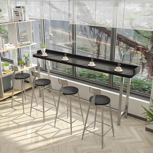 黑色实木吧台带围边阳台长条桌办公室休闲高脚桌高级吧台桌椅组合