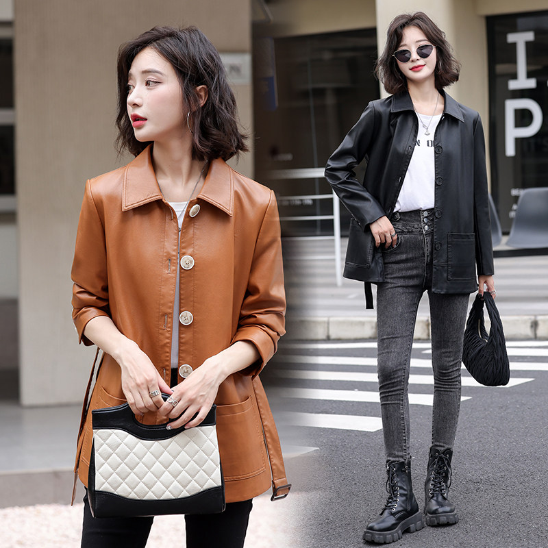 海宁大码真皮皮衣女系带气质绵羊皮修身小外套春秋新款高级感夹克
