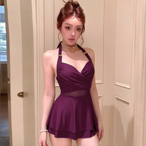 挂脖连体泳衣女显瘦遮肚保守