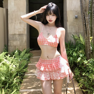 甜美格子吊带裙式比基尼三件套