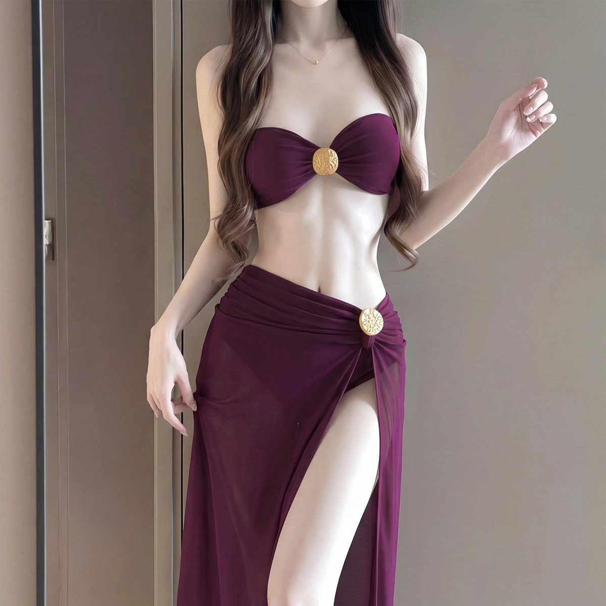 泳衣女紫色高级性感抹胸分体比基尼三件套显瘦开叉长裙沙滩度假风