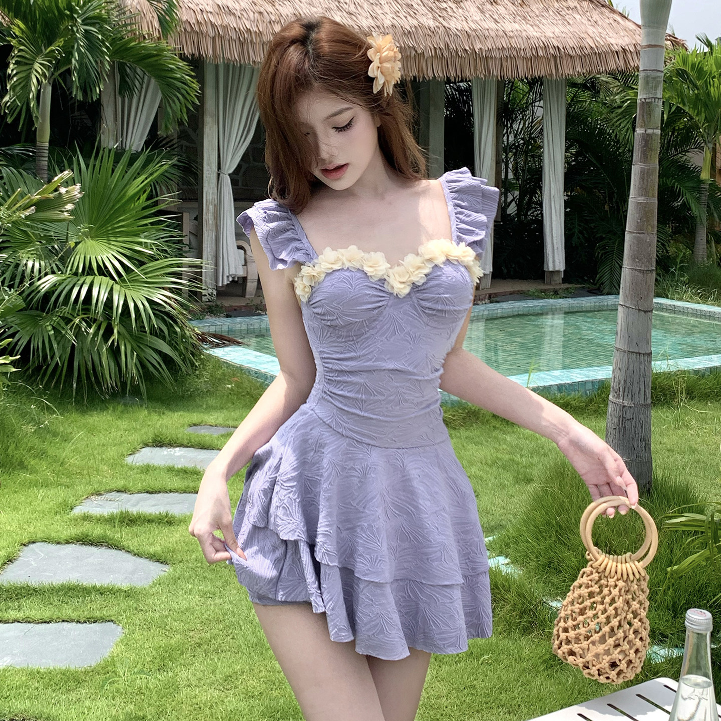连体钢托遮肚显瘦裙式泳衣女