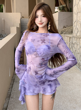 高级感紫色蝴蝶印花网纱长袖比基尼泳衣女平角分体遮肚显瘦三件套