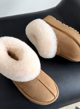 冬季新款塔茨特一脚蹬真皮雪地靴女加绒加厚皮毛一体羊毛厚底棉鞋