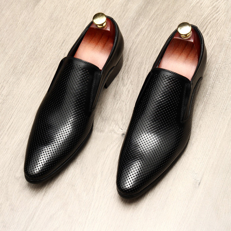 男士镂空皮鞋一脚蹬真皮透气尖头正装鞋英伦时尚潮流修身版男鞋棕