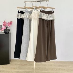 系带松紧腰阔腿卫裤 百搭蕾丝网纱拼接假两件长裤 韩版 小众2026新款