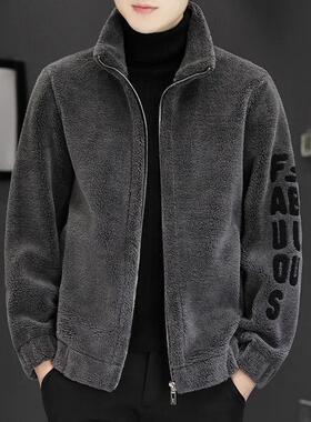 男士外套秋冬保暖羊羔绒刺绣卫衣一体男装外套加绒加厚潮孩子上班