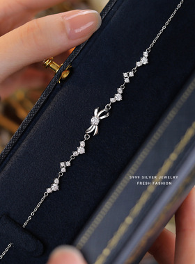 s999纯银闪亮锆石蝴蝶结手链轻奢