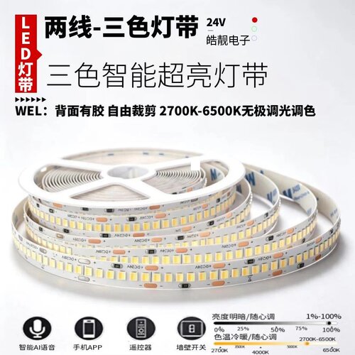 二合一两线三色变光智能led灯带5mm/8mm10mm宽双色温无极调光调色