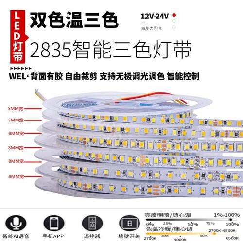 12V24V灯带led灯条2835自粘双色温三色变光CCT智能调光调色线条灯