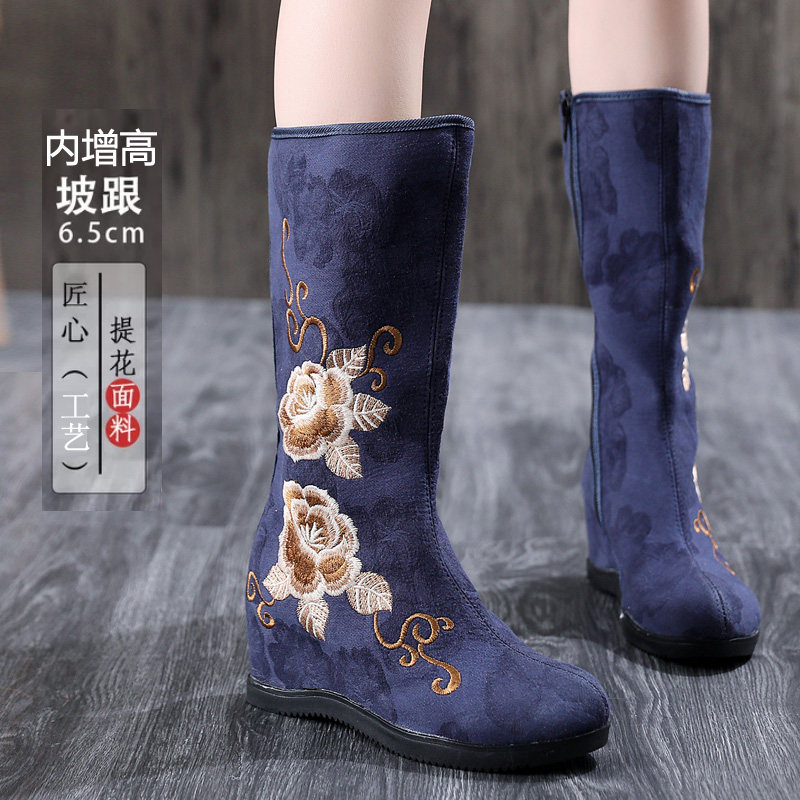 秋冬款民族风绣花女靴老北京布靴内增高刺绣侧拉链中长筒单靴布鞋,女鞋,时装靴,淘宝优惠券,粉丝福利购,淘宝优惠卷