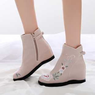 中筒旗袍配靴 古风汉服鞋 高跟短靴老北京绣花鞋 内增高民族风女鞋