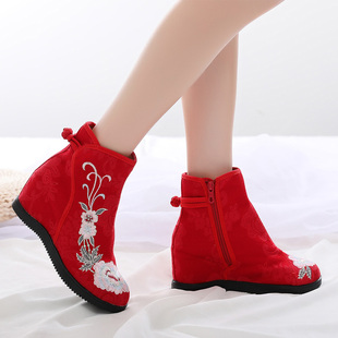 子汉服鞋 老北京布鞋 女增高民族风绣花靴高帮短筒搭配旗袍马面裙鞋