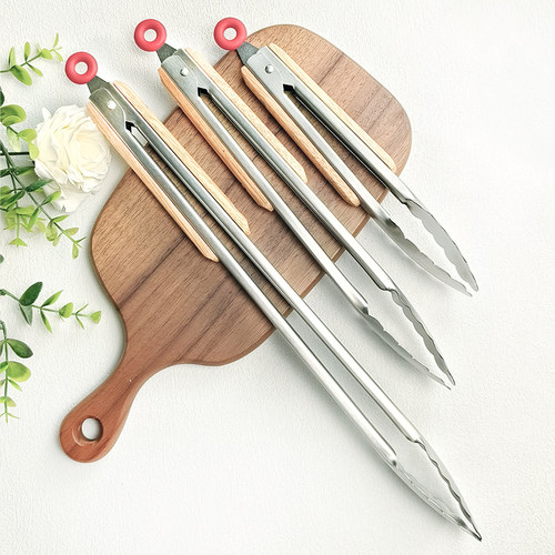 不锈钢木柄食物夹防滑耐高温