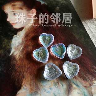 H38 洛丽塔风格镀彩玻璃心形吊坠耳环配件 琉璃背面仿石头肌理感