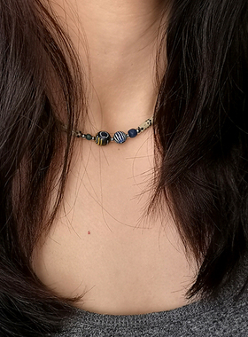 H011 53号 小众串珠设计 贝壳片珠石管国外琉璃珠不锈钢短款项链