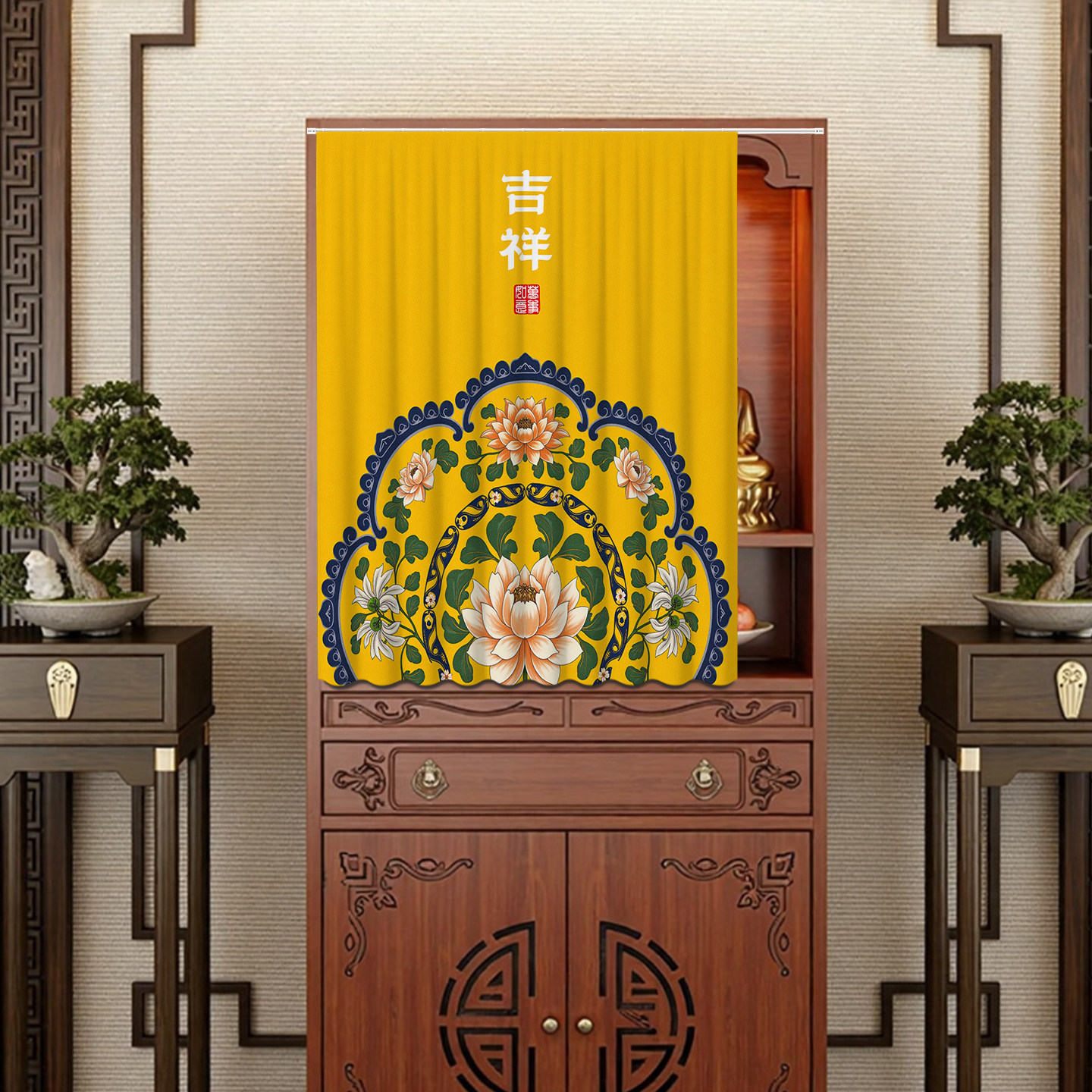 免打孔家用菩萨佛龛遮挡帘佛柜佛像防尘帘滑轨式隔断帘柜子遮布帘