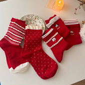 红色女士中筒袜 会起球 袜子 本命年喜庆新年袜条纹波点刺绣棉袜