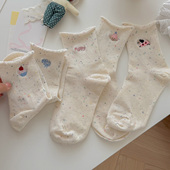 袜子 春夏季 薄款 会起球 刺绣女士中筒袜 点子纱卡通字母卷边棉袜