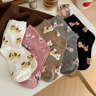 会起球的袜子 春秋季女士中筒袜 日系可爱少女卡通小狗舒适棉袜