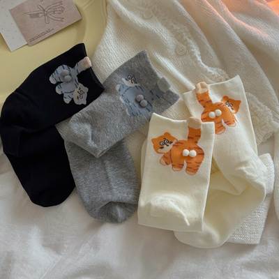 秋季新款可爱卡通猫咪中筒袜