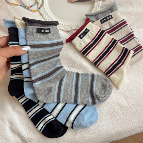 双层拼接条纹撞色女士中筒袜