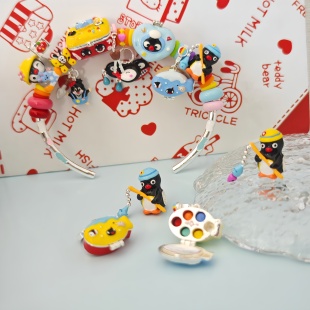 pingu企鹅磁吸钓鱼串珠吊坠纯手绘滴油DIY手镯手串配件小众饰品