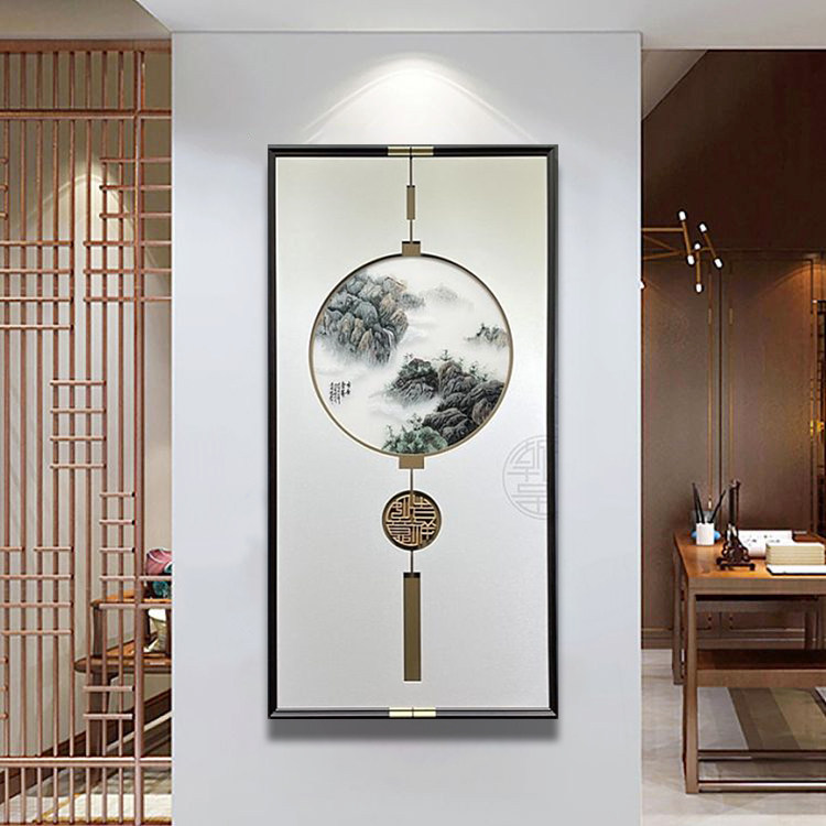 新中式苏绣挂画九鱼图银杏叶千里江山图实木刺绣玄关背景墙装饰画