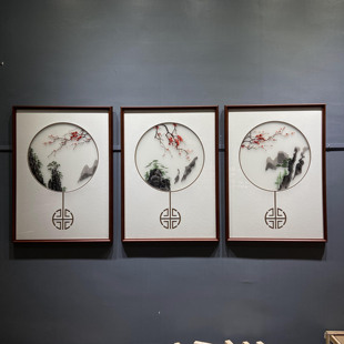 刺绣装饰画实木框简约三联画苏绣客厅风景画背景墙餐厅新中式挂画