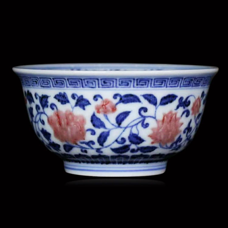 春风祥玉青花釉里红主人杯 邹俊窑老春 缠枝莲撇口杯 手绘茶杯子