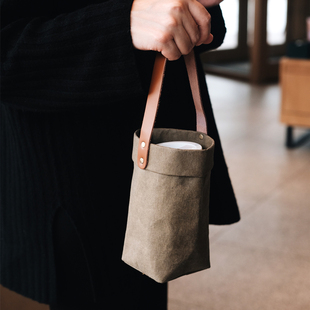日式 外带咖啡杯手提袋乐扣lock随行杯玻璃水杯防水洗牛皮纸水杯袋