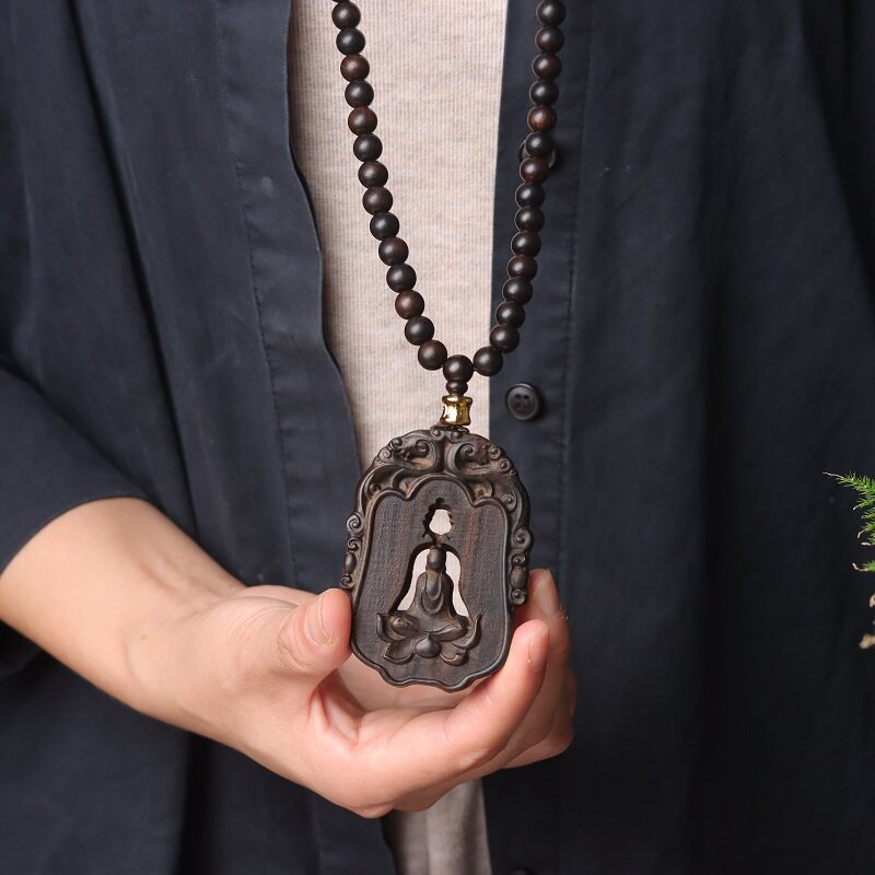 沉香木雕刻问佛悟道吊坠项链观音佛像牌镂空无相佛弥勒佛汽车挂件