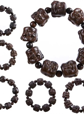 越南沉香木雕刻手串皮黑木民族风佛头关公莲花男女士佛珠文玩核桃