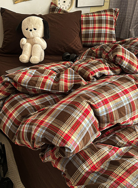 高级感英伦风全棉咖啡红色格子被套单件纯棉中古美拉德1.52米32.4