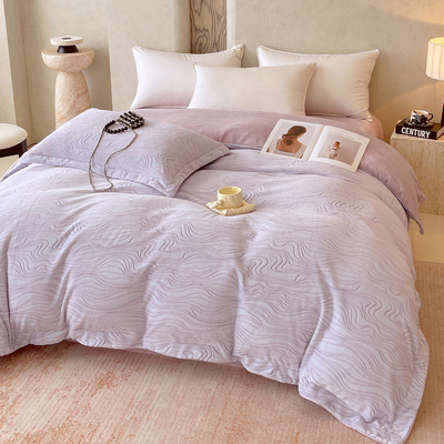 高级感曲线雕花牛奶绒被套单件浅紫色香芋紫加绒被罩袋纯色法莱绒
